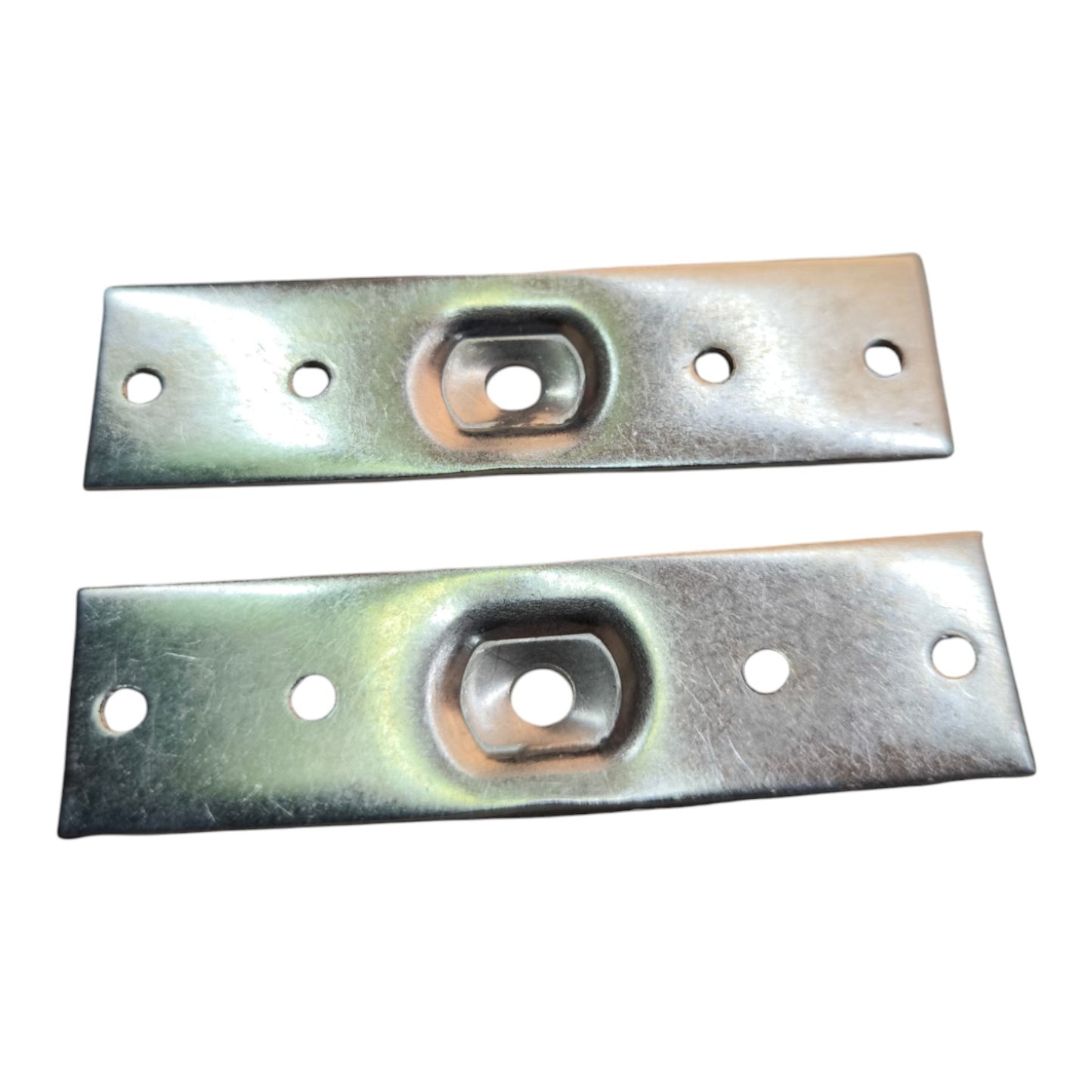 Two rectangular metal mounting brackets with pre-drilled holes, shown on a plain white background.