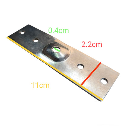A metal mounting bracket or hardware piece shown on a white background with overlaid dimension labels: 0.4cm, 2.