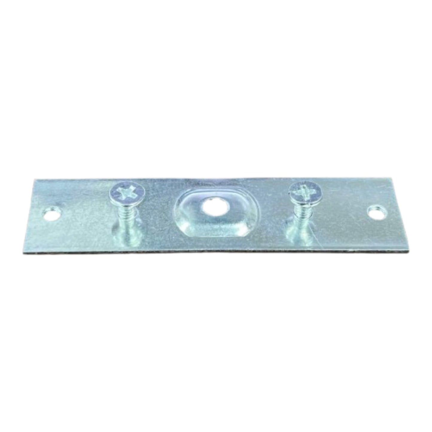 A rectangular galvanized metal mounting bracket with two screws and mounting holes, shown on a plain white background.