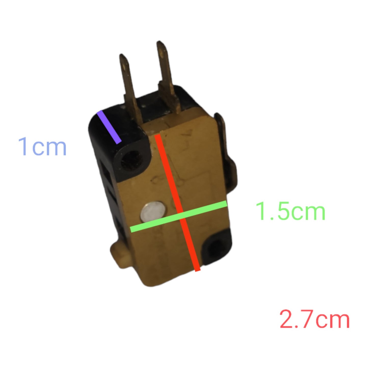 Electrical component with measurements on a white background