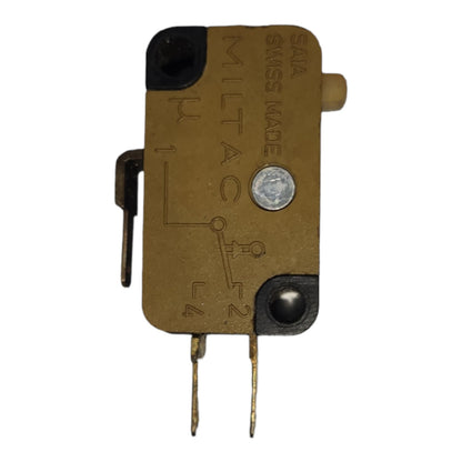 Microswitch with 'Swiss Made' branding on a white background