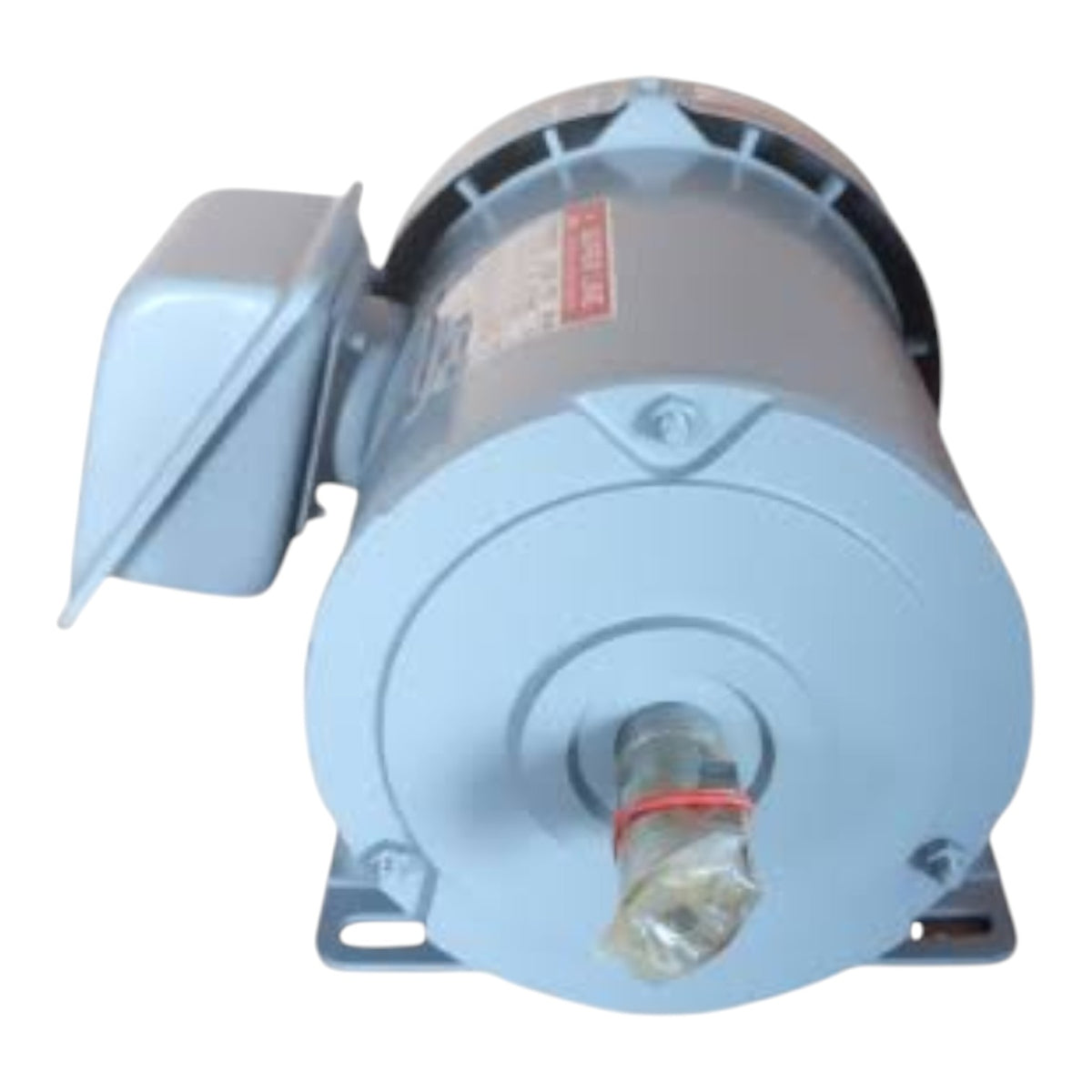 A light blue industrial electric motor with a metal housing, mounting brackets, and a small red label, shown against a plain white background.