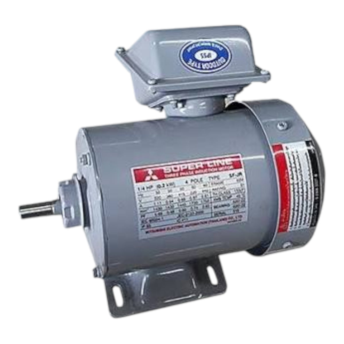 A gray Mitsubishi electric motor with a metal terminal box, mounting brackets, and a technical specification label on a white background.