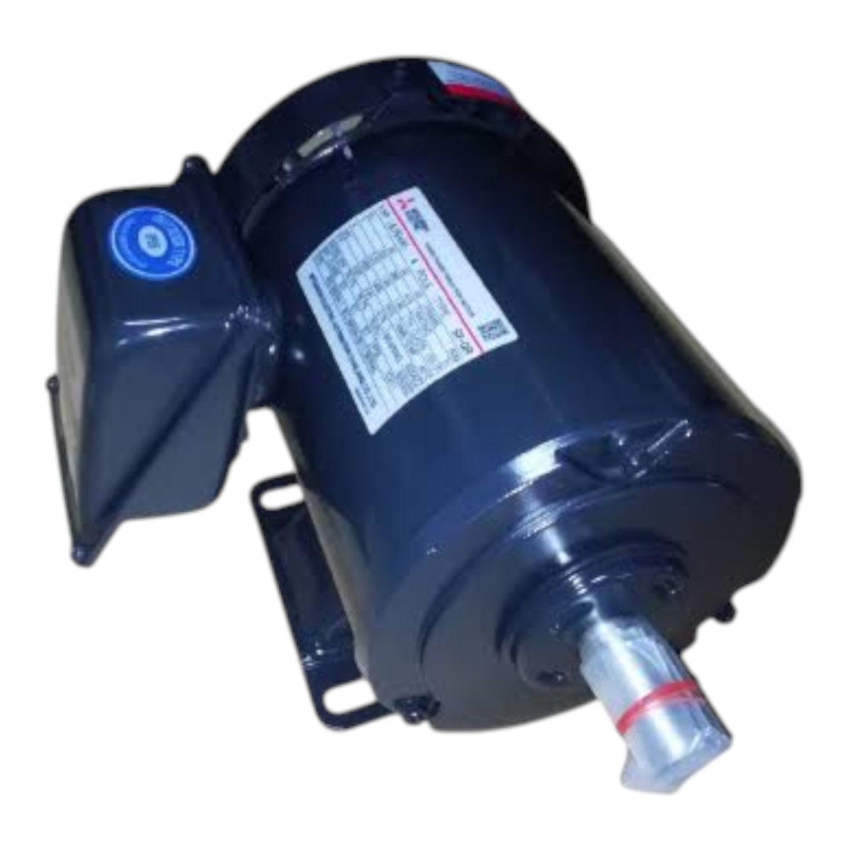 A dark blue industrial electric motor with an attached terminal box and a clear protective sleeve on the output shaft, isolated on a white background.