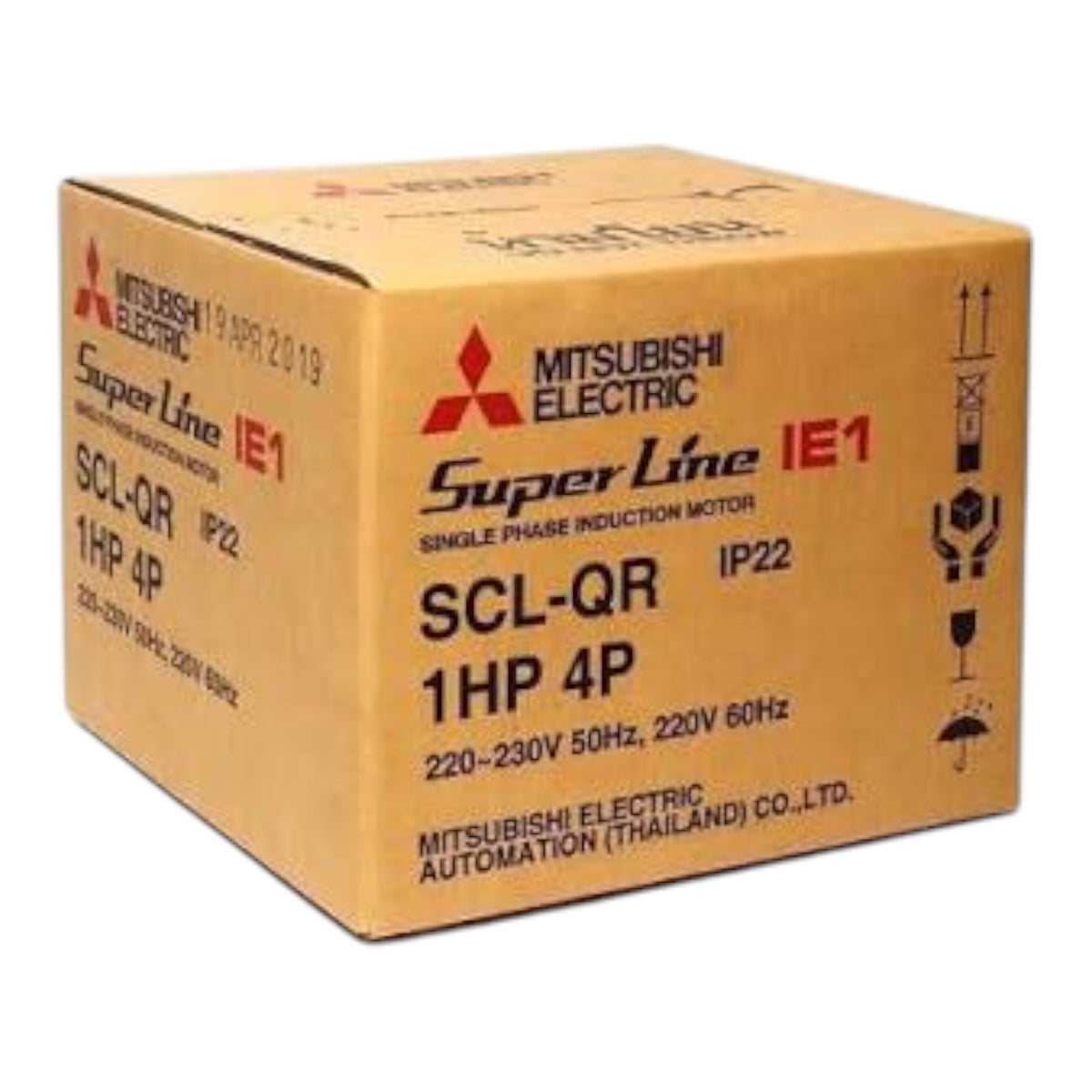 A brown cardboard shipping box for a Mitsubishi Electric Super Line IE1 1HP 4P single phase induction motor, with black and red printed text and logos on a white background.