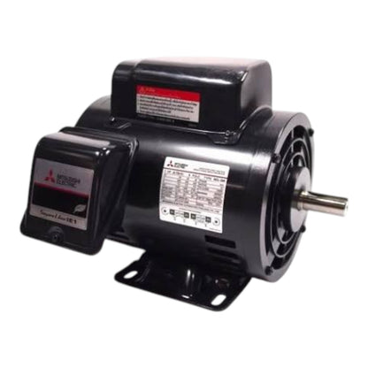 A black Mitsubishi Electric industrial electric motor with a metal output shaft, mounting bracket, and control box, shown on a white background.
