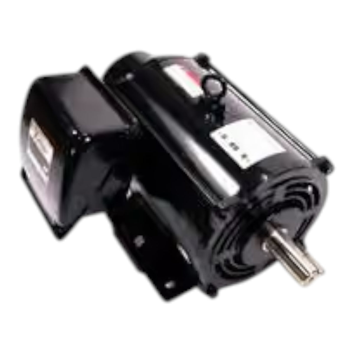 A black industrial electric motor with a metal shaft and mounting bracket, shown on a plain white background.