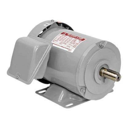 A gray industrial electric motor with a metal mounting bracket, a side cover, and a brass output shaft, shown on a white background.
