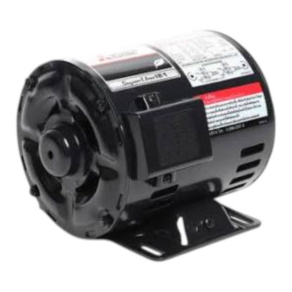 A black industrial electric motor with a mounting bracket, featuring a white and red label on its cylindrical body, shown against a plain white background.