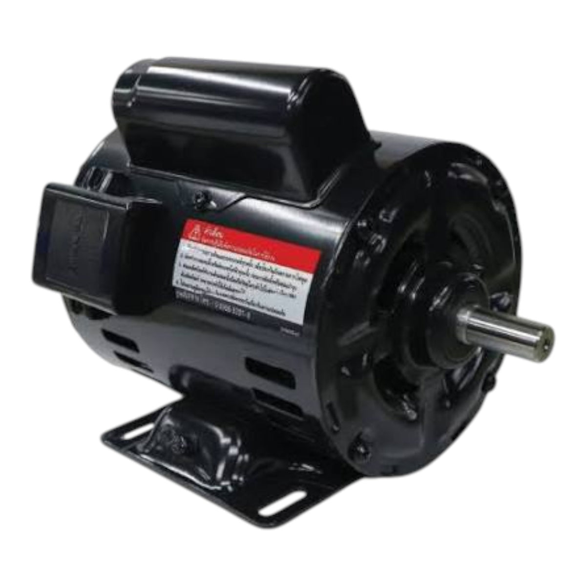A black industrial electric motor with a metal mounting bracket and a silver metal shaft, shown on a plain white background.