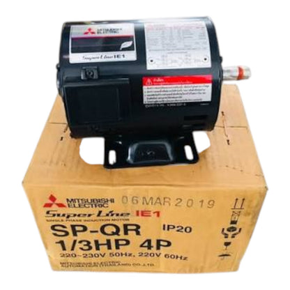 A Mitsubishi Electric Super Line IE1 spindle drive motor on top of its original cardboard box, photographed against a white background.