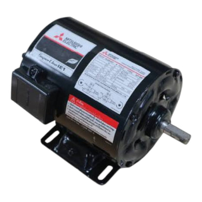 A black Mitsubishi Electric Supplied Line 1E1 electric motor with mounting brackets and a metal shaft, shown on a plain white background.