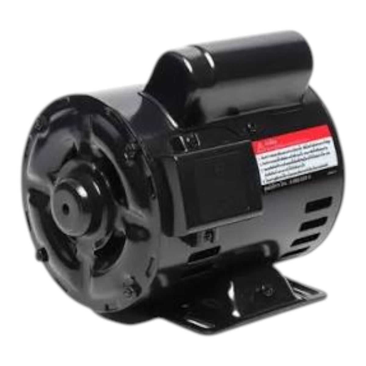 A black electric pump motor with a mounting bracket and a red and white warning label, shown on a plain white background.