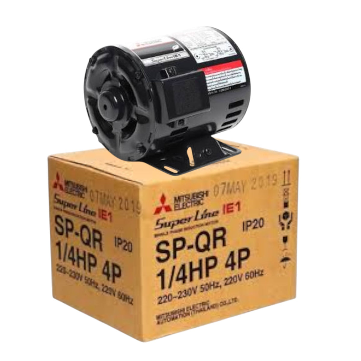 A black Mitsubishi Electric SP-QR 1/4HP 4P motor shown resting on top of its original brown cardboard packaging box against a white background.
