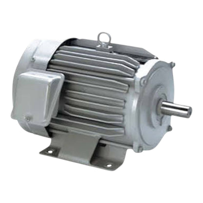 An industrial electric motor with a ribbed aluminum body, metal mounting brackets, and a protruding shaft, shown on a plain white background.