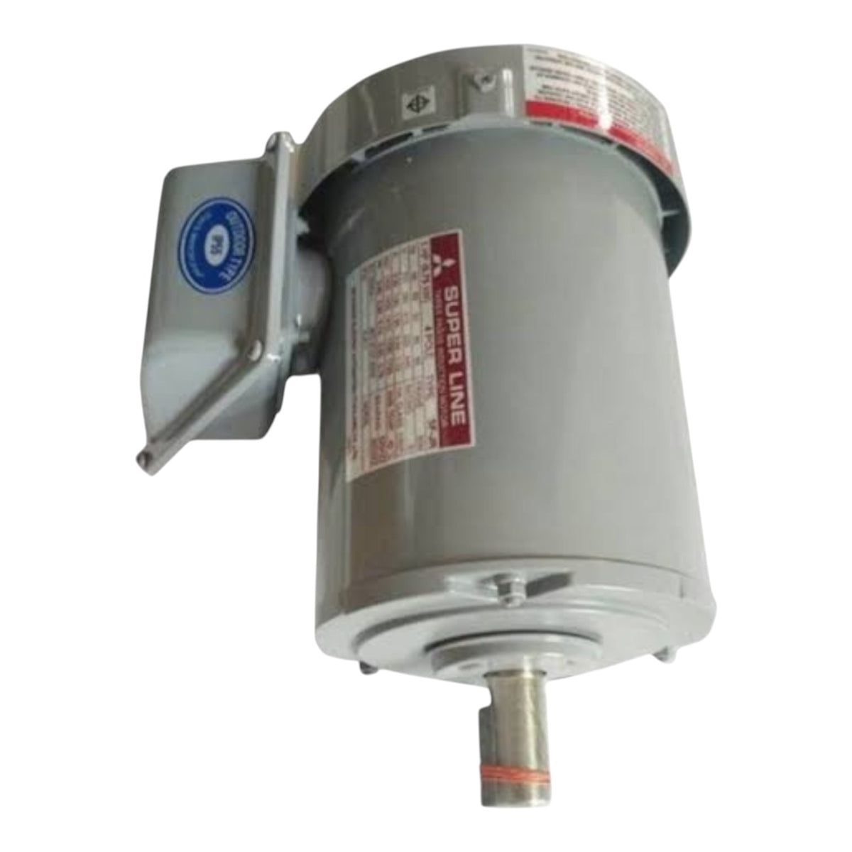 A gray industrial electric motor with a metal mounting bracket and a silver output shaft, featuring a red and white 'SUPER LINE' label and a blue circular sticker.