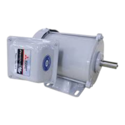A Mitsubishi electric motor with a gray cylindrical body, a mounting bracket, and a silver metal shaft, shown against a plain white background.
