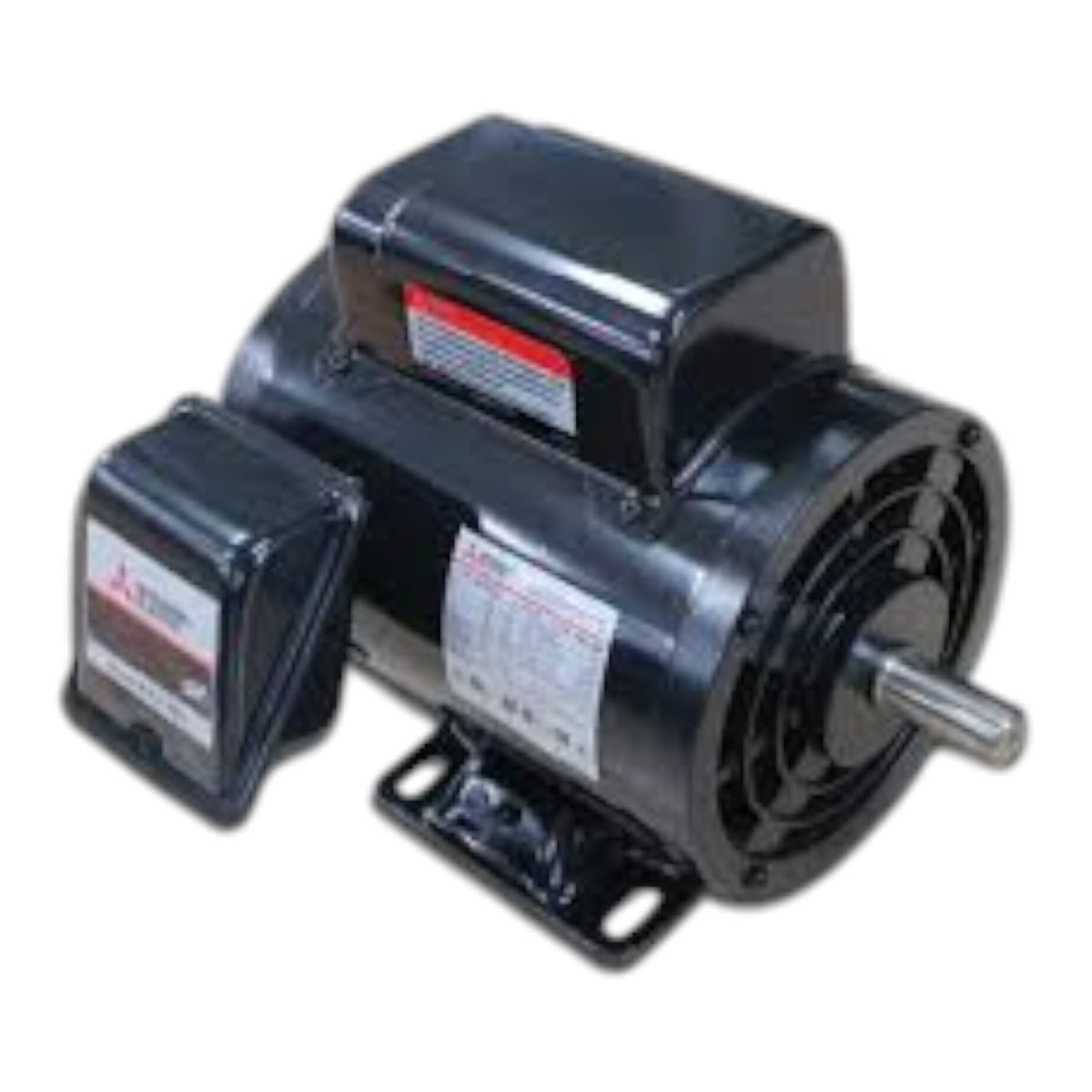 A black industrial electric motor with a metal shaft, mounting bracket, and a small attached terminal box, shown on a plain white background.