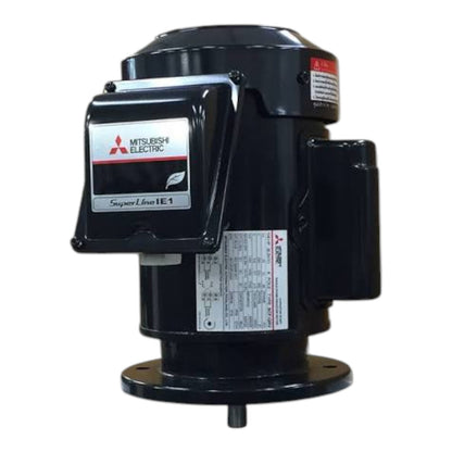 A black Mitsubishi Electric Super Line IE1 induction motor with a prominent brand badge on the side, set against a plain white background.