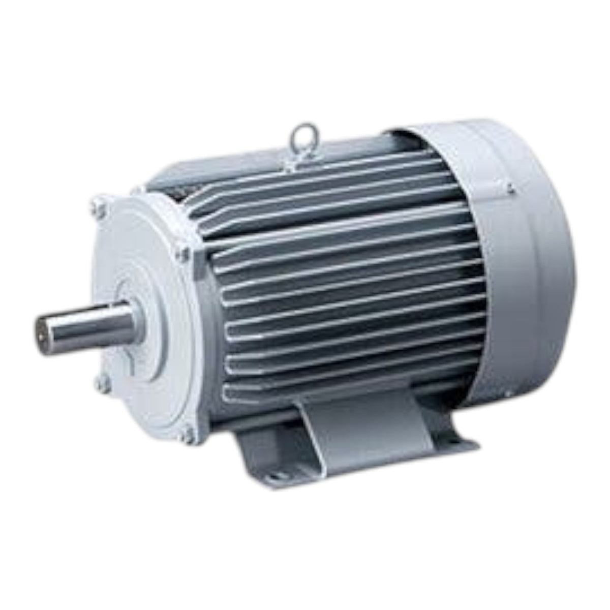 A gray industrial electric motor with a ribbed metal housing, a metal mounting bracket, and a protruding shaft, shown on a plain white background.