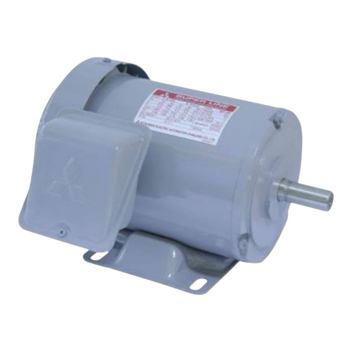 A gray industrial electric motor with a metal mounting bracket and a silver metal shaft, shown on a plain white background.