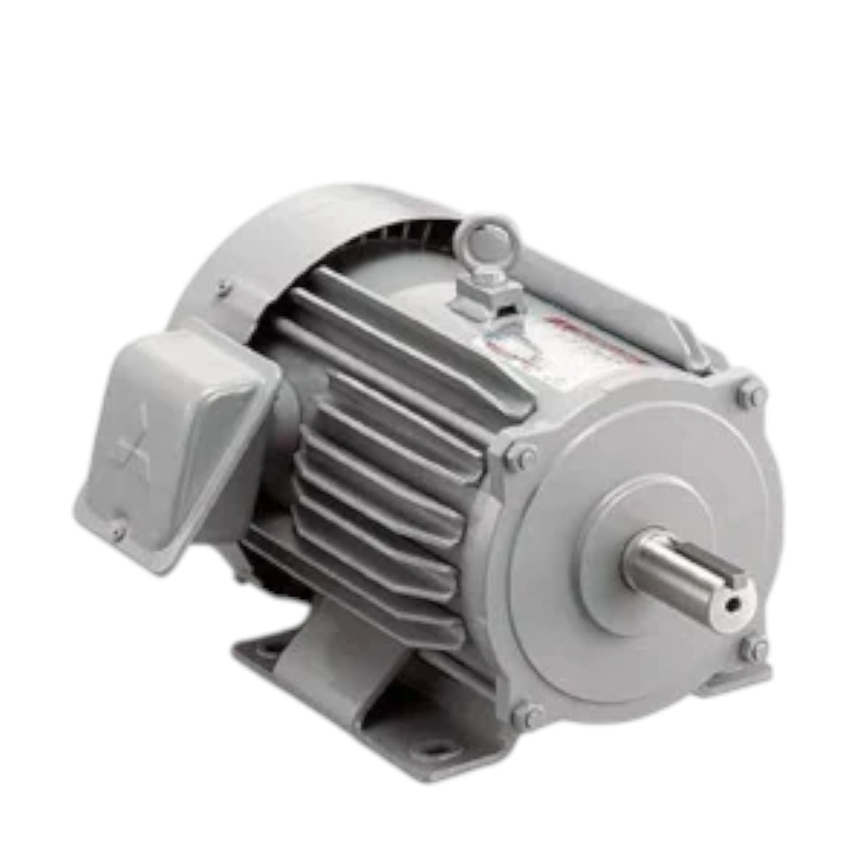 A gray industrial electric motor with a ribbed metal housing, mounting brackets, and a silver output shaft, shown on a plain white background.