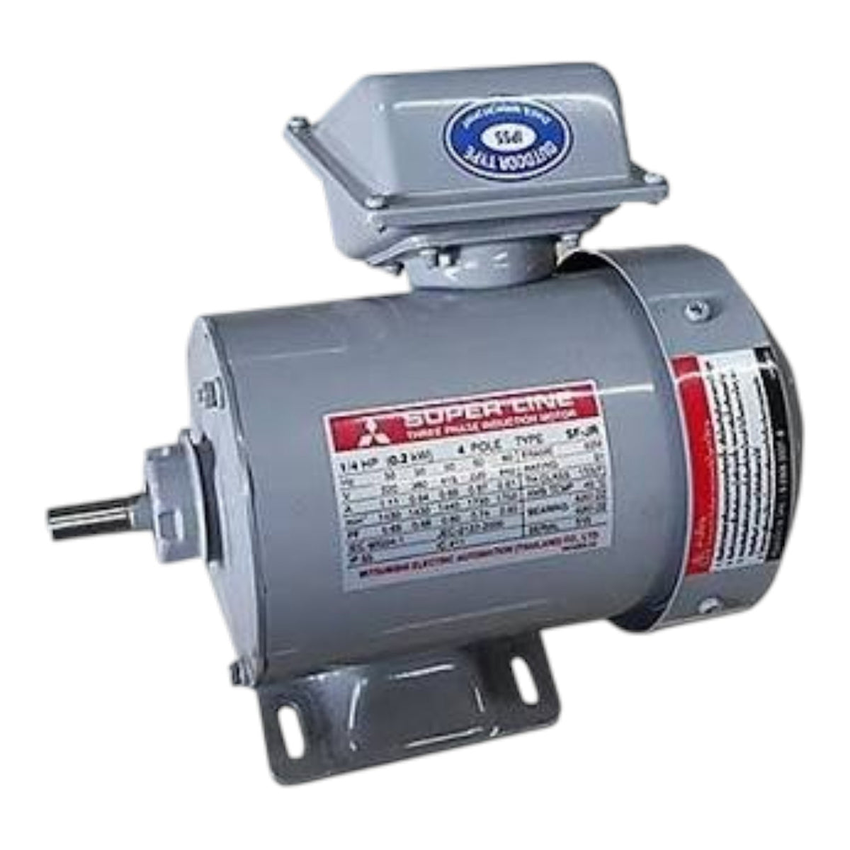 A gray Mitsubishi electric motor with a metal terminal box, mounting brackets, and a technical specification label on a white background.