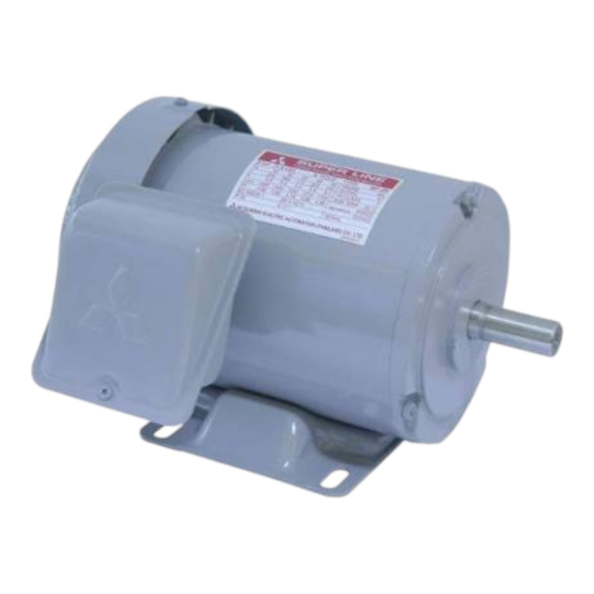 A gray industrial electric motor with a metal mounting bracket and a silver metal shaft, shown on a plain white background.