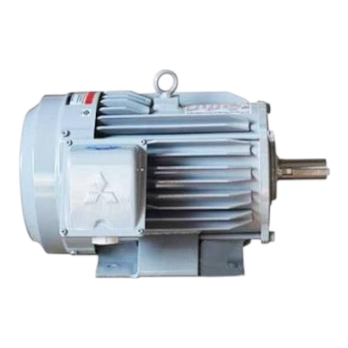A Mitsubishi electric motor with a ribbed metal housing, a protective cover on the front, and a metal shaft extending from the right side, shown against a plain white background.