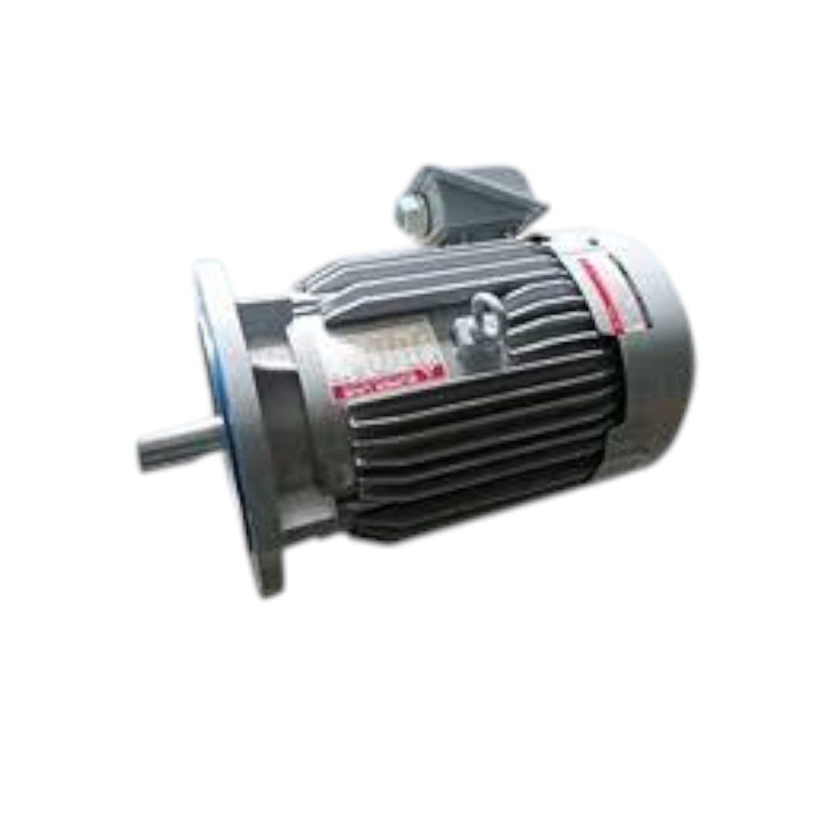 An industrial electric motor with a ribbed metal housing, a flange on the left, a shaft extending from the front, and a terminal cap on top, shown against a plain white background.