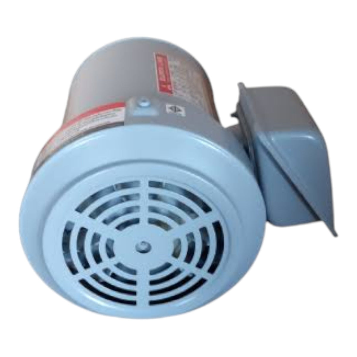 A light blue electric motor with a circular vented end cap and a gray protective cover attached to the side, shown on a plain white background.
