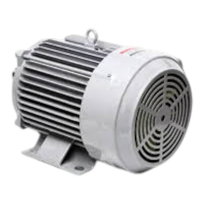 A gray industrial electric motor with a ribbed metal housing, mounting bracket, and circular fan grille on the output end, shown on a plain white background.