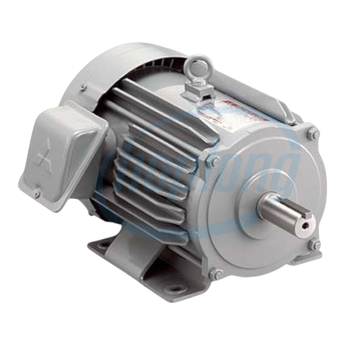 A silver-gray industrial electric motor with a ribbed metal body, a side-mounted protective housing cover, and a protruding shaft, shown on a plain white background.
