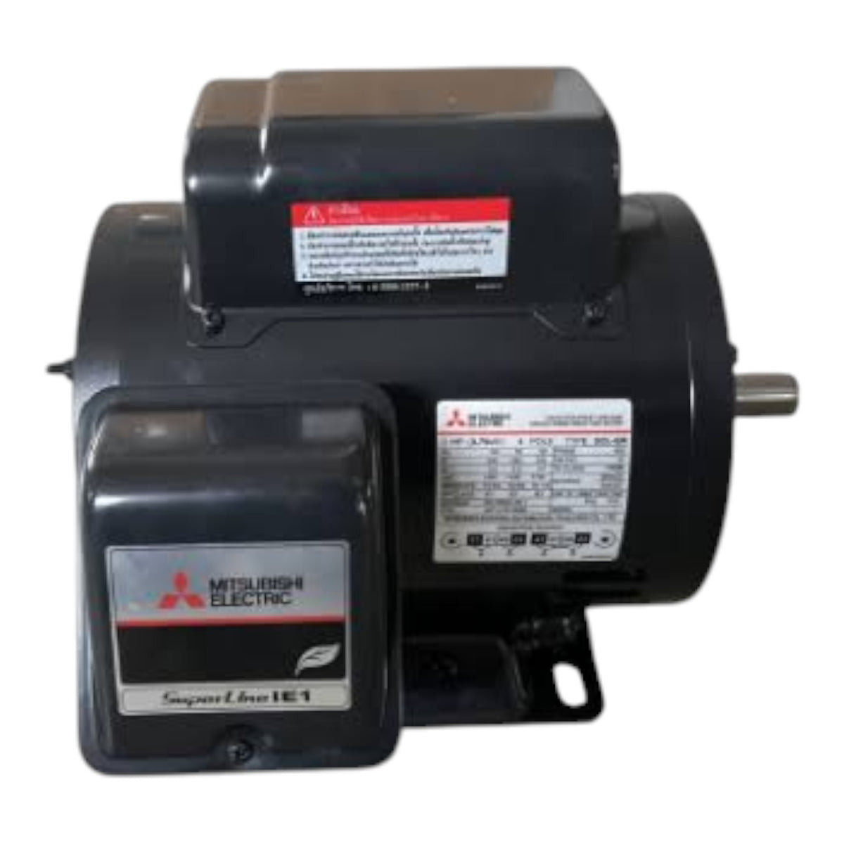 Mitsubishi Electric Compact Drive IE3 electric motor with a black metal housing, featuring a front-mounted terminal box, a top-mounted plastic cover, and a side-mounted nameplate, shown against a plain white background.