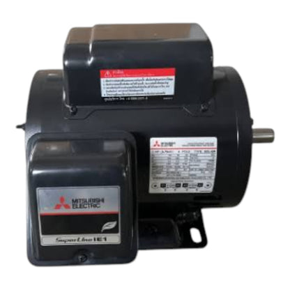 Mitsubishi Electric Compact Drive IE3 electric motor with a black metal housing, featuring a front-mounted terminal box, a top-mounted plastic cover, and a side-mounted nameplate, shown against a plain white background.