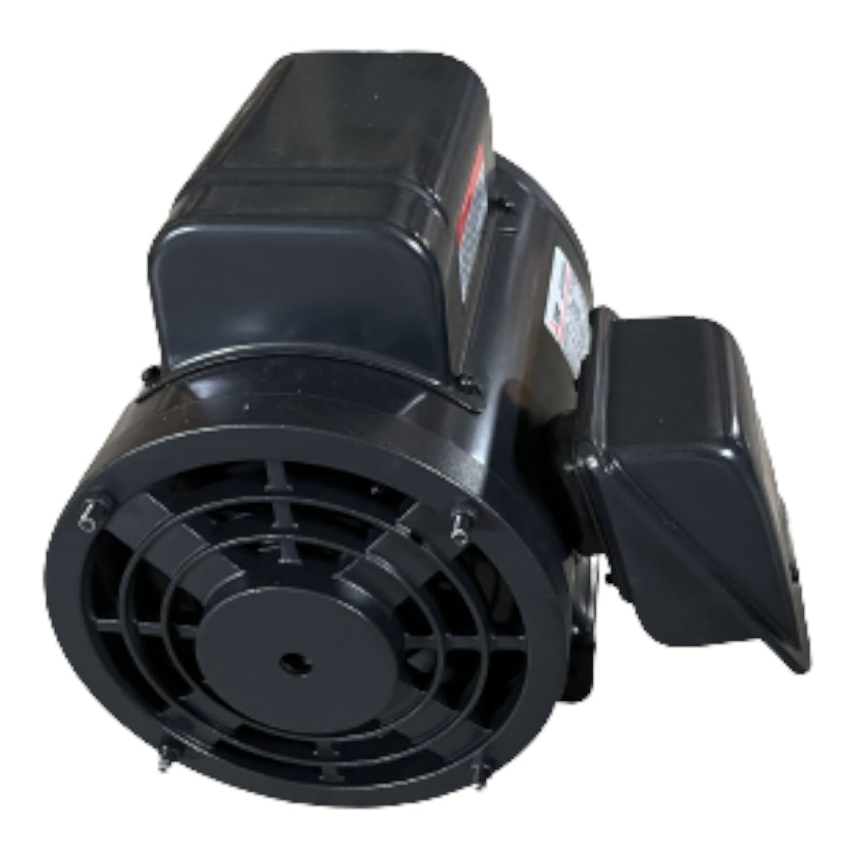 A black electric motor with a circular fan grille on the front and a side-mounted terminal box, shown against a plain white background.