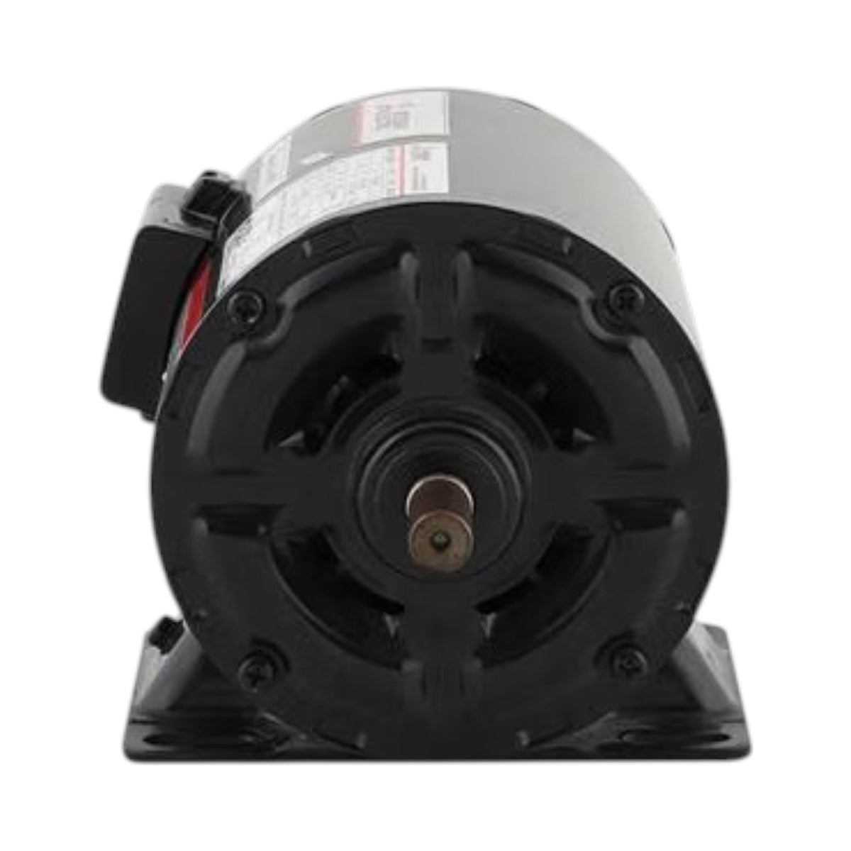 A black industrial electric motor with a mounting base, photographed against a plain white background.
