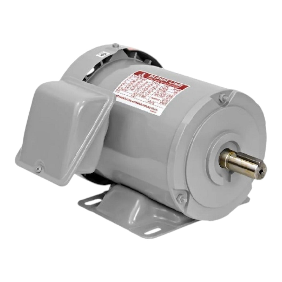A gray industrial electric motor with a metal mounting bracket, a side cover, and a brass output shaft, shown on a white background.