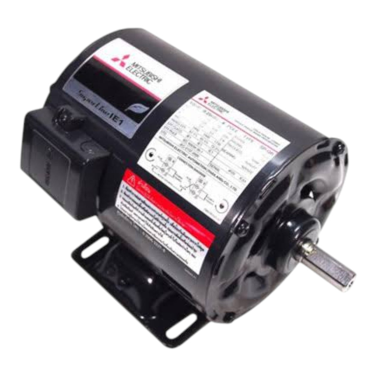 Mitsubishi Electric 1/3 HP brushed motor in black with white and red labels, featuring a mounting bracket and metal shaft, isolated on a white background.
