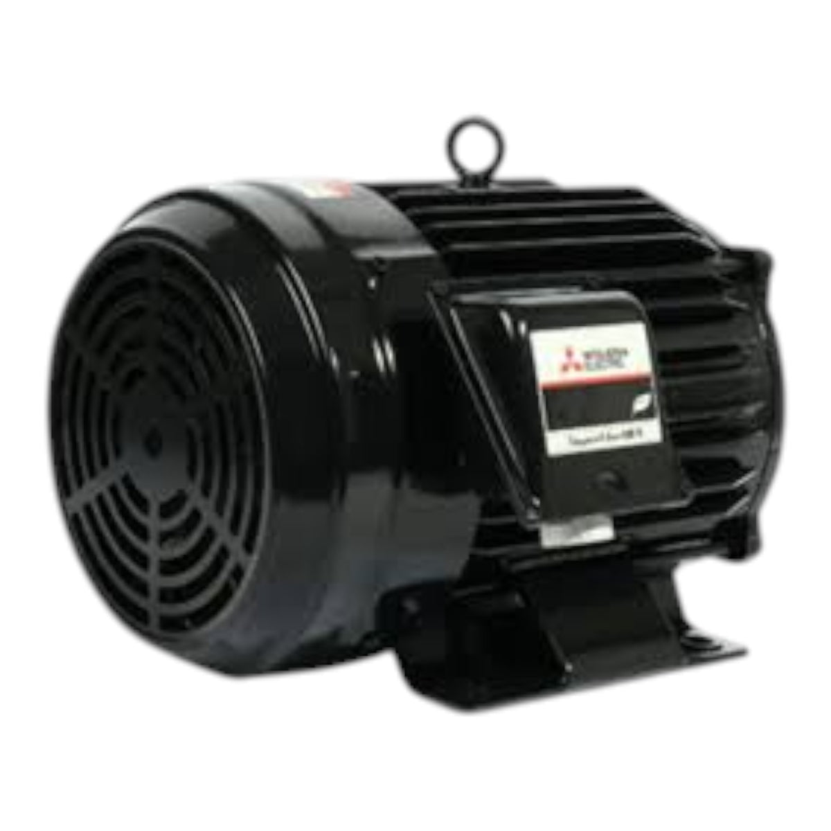 A black Mitsubishi electric motor with a ribbed housing, a circular fan grille on the front, and a mounting bracket, shown against a plain white background.