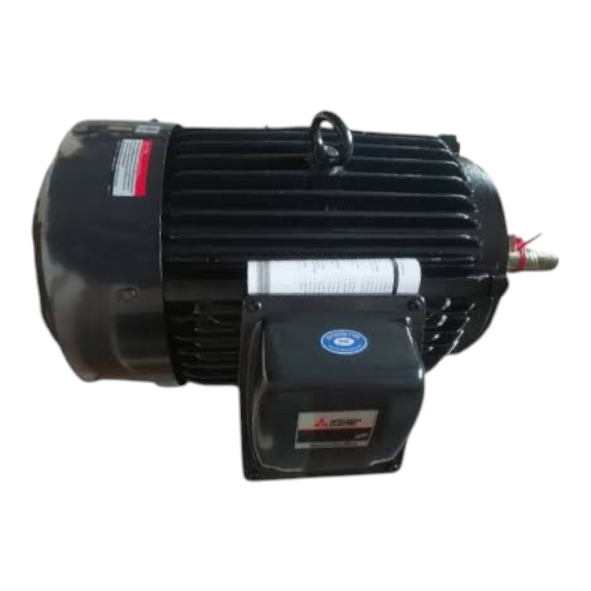 A black Mitsubishi electric motor with a ribbed metal housing, a black terminal box, and a small metal shaft extension, shown against a plain white background.