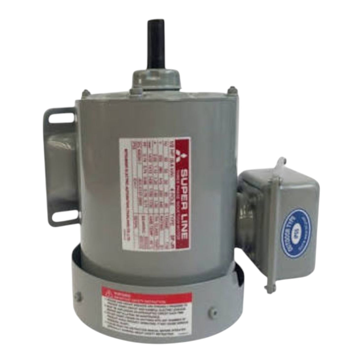 A gray industrial electric motor with a cylindrical body, mounting bracket, top shaft, and attached terminal box, shown on a plain white background.
