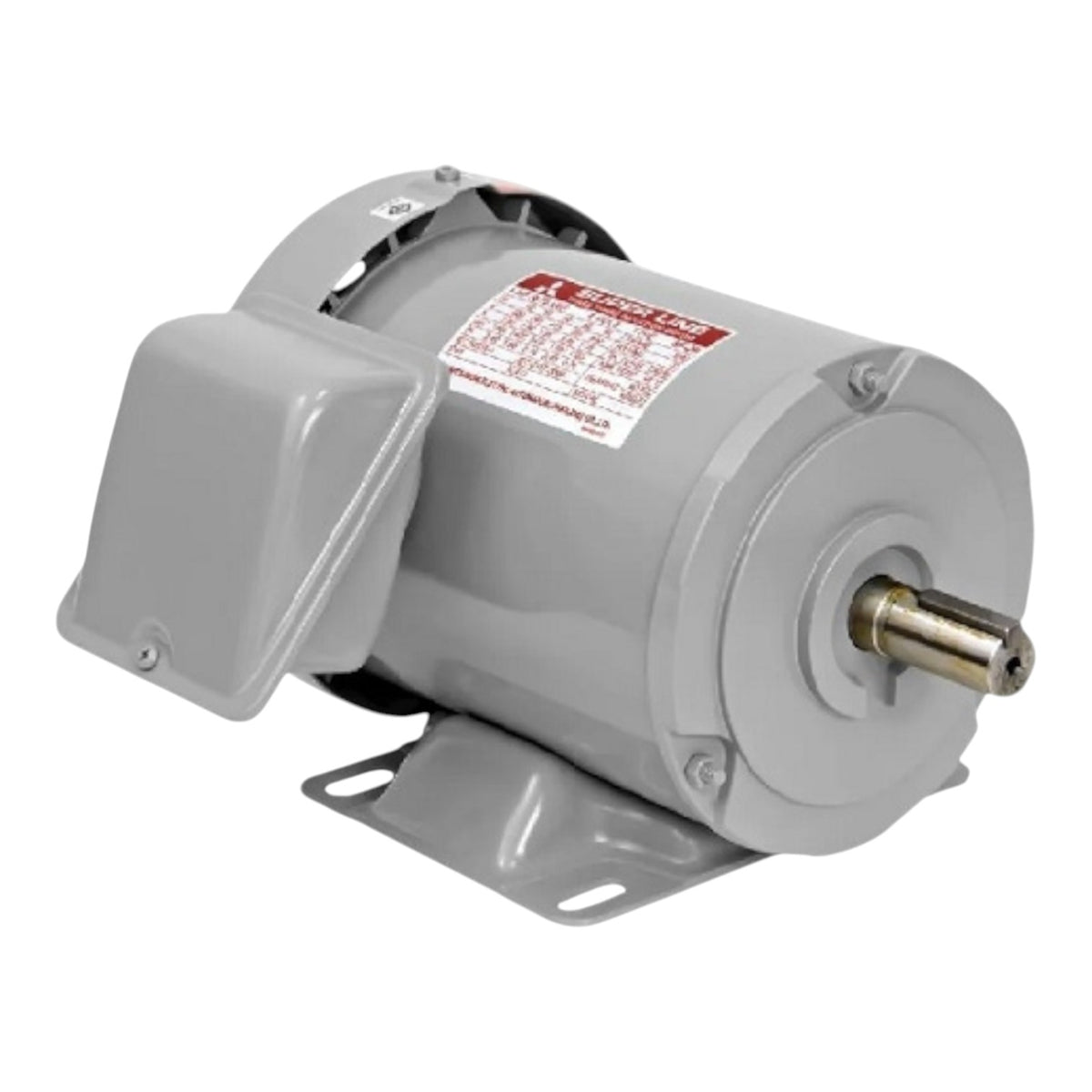A gray industrial electric motor with a metal mounting bracket, a side cover, and a brass output shaft, shown on a white background.