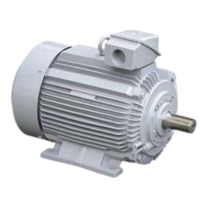 A gray industrial electric motor with a ribbed metal housing, mounting base, and metal output shaft, shown on a plain white background.