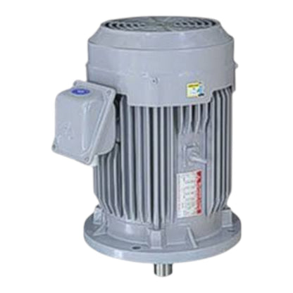 A gray industrial electric motor with a ribbed cylindrical body, a side-mounted terminal box, and a circular base flange, shown on a plain white background.