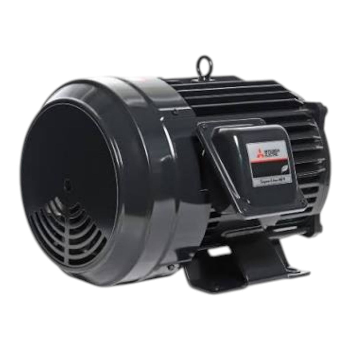 A black Mitsubishi electric motor with a ribbed metal housing, a circular front grille, and a small brand label on the side, shown against a plain white background.