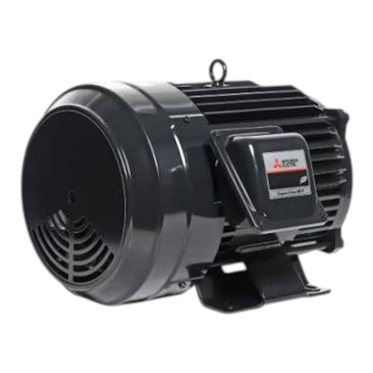 A black Mitsubishi electric motor with a ribbed metal housing, a circular front grille, and a small brand label on the side, shown against a plain white background.