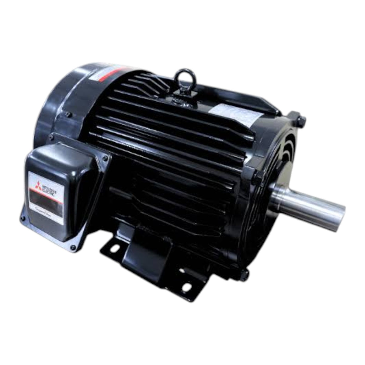 A black Mitsubishi electric motor with a ribbed metal housing, a small terminal box on the side, and a silver metal shaft extending from the front, shown on a plain white background.
