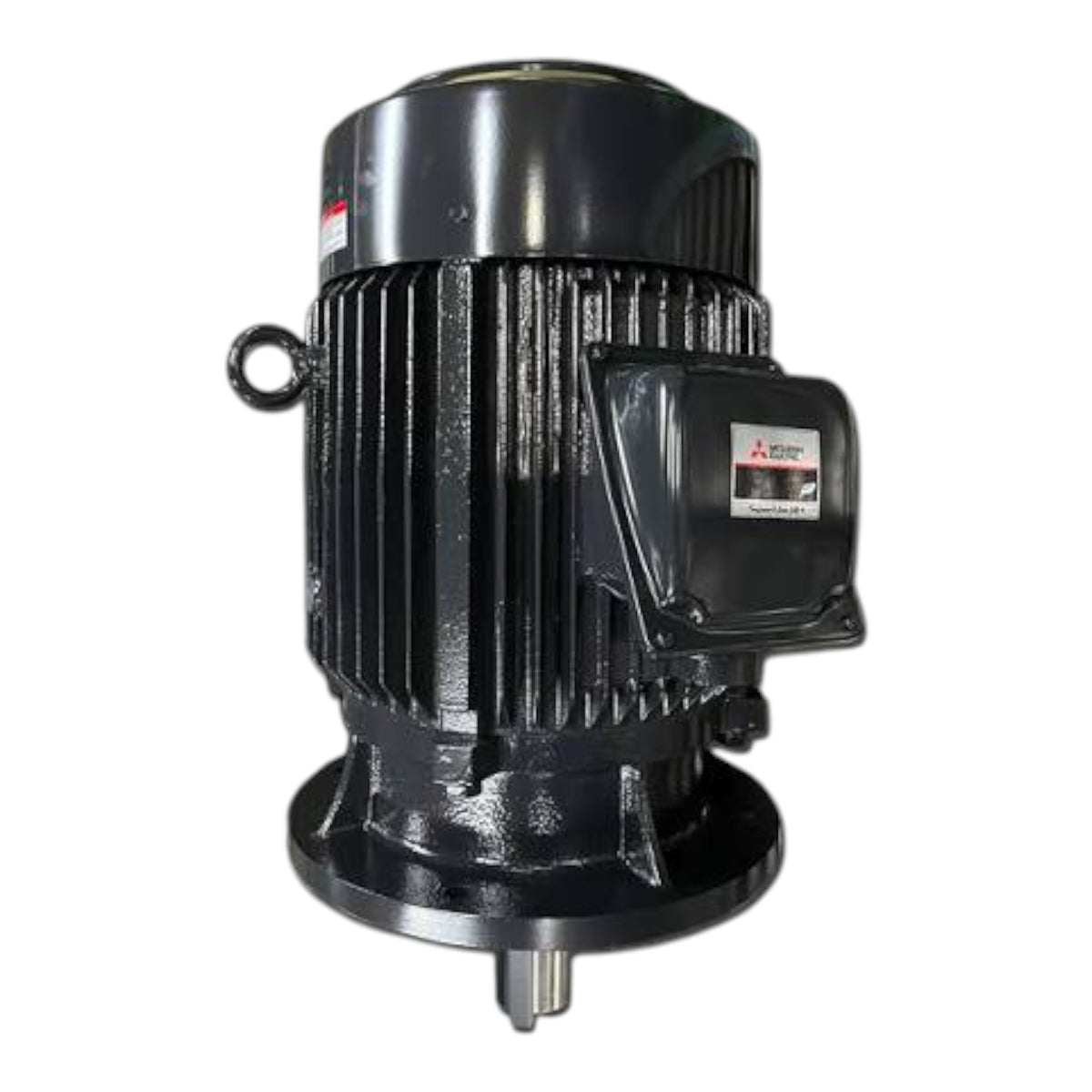 A black industrial electric motor with a ribbed cylindrical body, a mounting ring on the side, and a small labeled cover on the side, isolated on a white background.