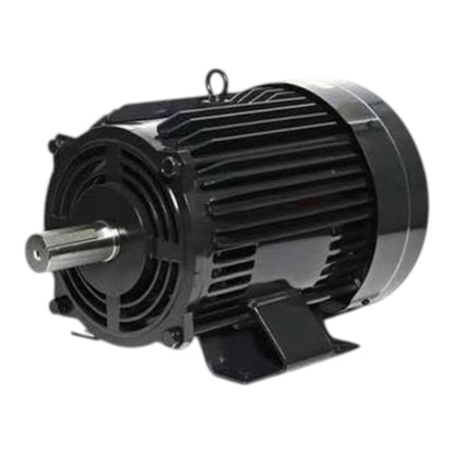 A black industrial electric motor with a ribbed metal housing, a silver metal shaft, and mounting brackets, shown on a plain white background.